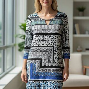 Geometric Print Tiana B. Dress With 3/4 Sleeves In Black/Blue Size M